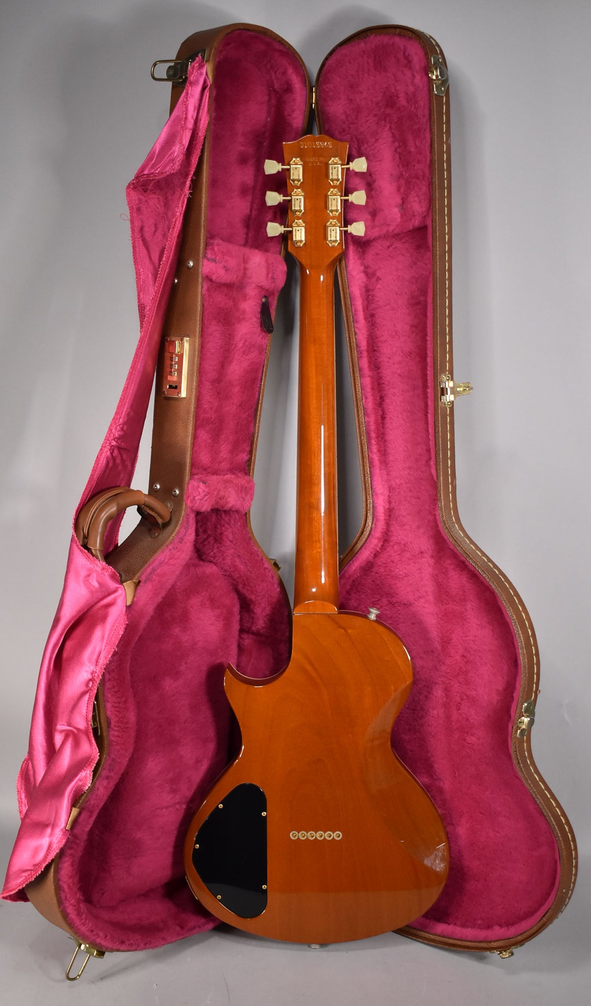 The guitar's amber back and neck are visible, with gold tuners and bridge, resting in a pink-lined brown hard case.