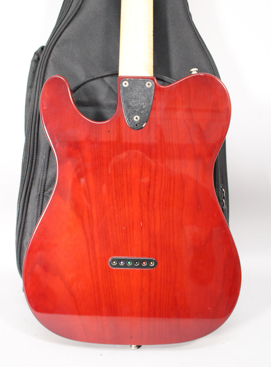 The guitar's back, in a transparent sunburst finish, shows a light maple neck, black neck plate, and six string ferrules.