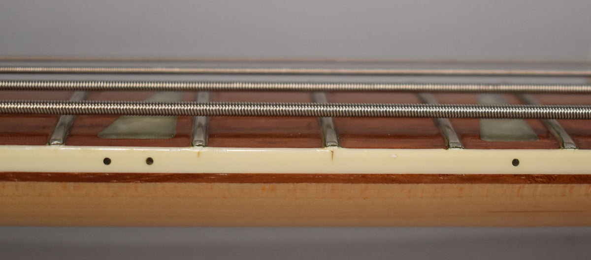 Close-up of the bass's maple neck and rosewood fretboard, showing four strings, block inlays, and side dots.