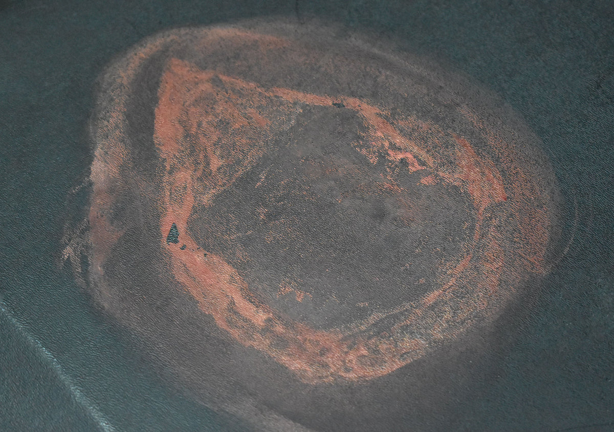 Close-up of the black hard shell case exterior, showing a large, irregular reddish-brown stain on the textured surface.