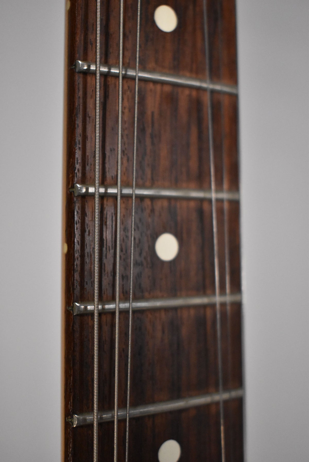Close-up of the dark rosewood fretboard with white dot inlays, showing four frets and six strings.