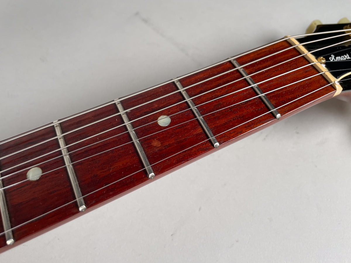 Close-up of the guitar's dark reddish-brown fretboard with light circular inlays, showing light wear and a few minor smudges.
