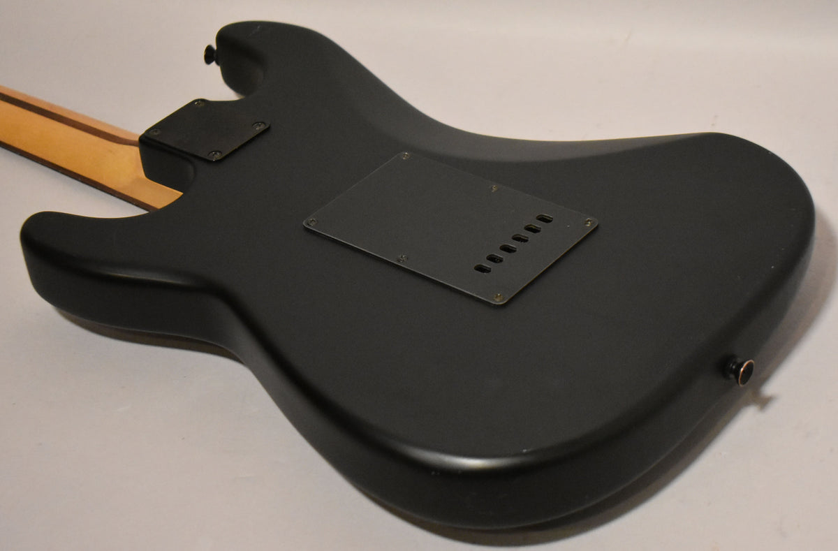 The guitar's satin black back shows a neck plate, tremolo cover, and output jack, with some light wear on the body edges.