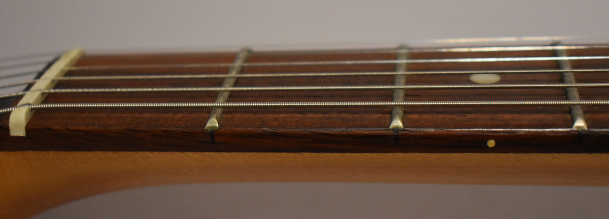 Close-up of the guitar's dark brown fretboard with six strings, a white nut, and a single round white fret marker.