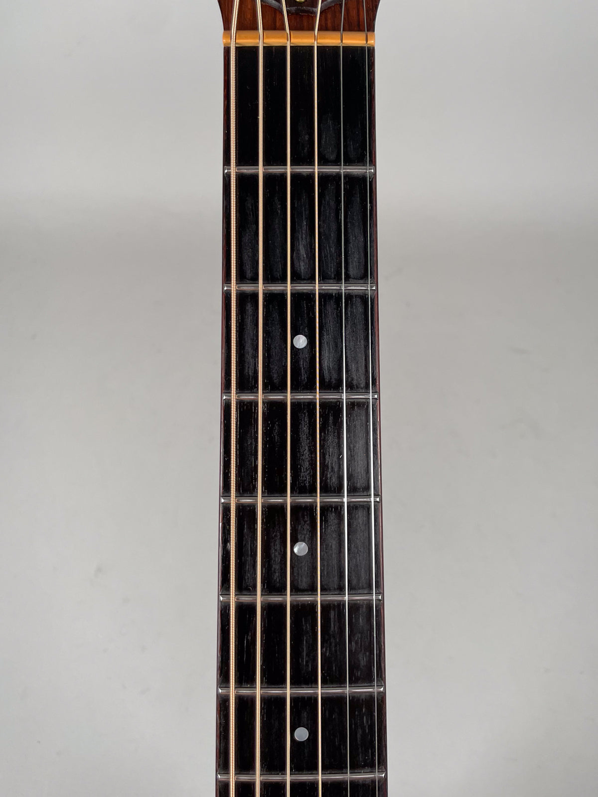 Close-up of the dark fretboard with light strings, showing dot inlays at the 5th, 7th, and 9th frets.