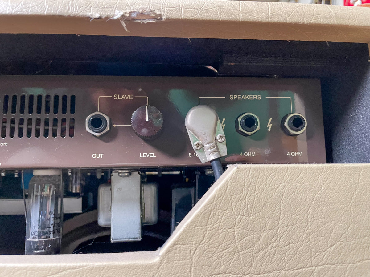 Close-up of the amp's brown rear panel with speaker outputs, a slave out, and level knob, showing a torn beige tolex top.