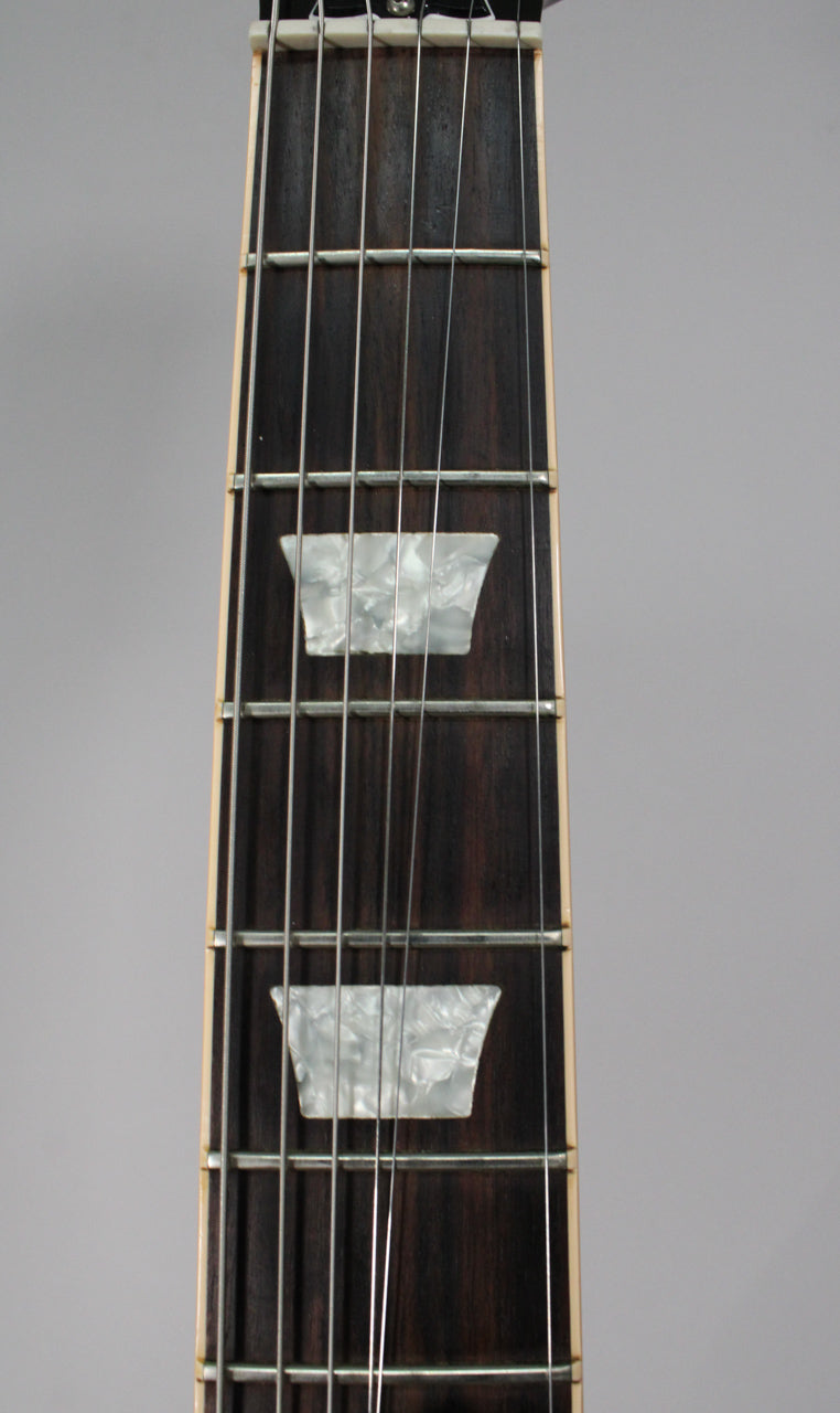 Close-up of the dark rosewood fretboard with two trapezoid mother-of-pearl inlays and light binding along the edge.