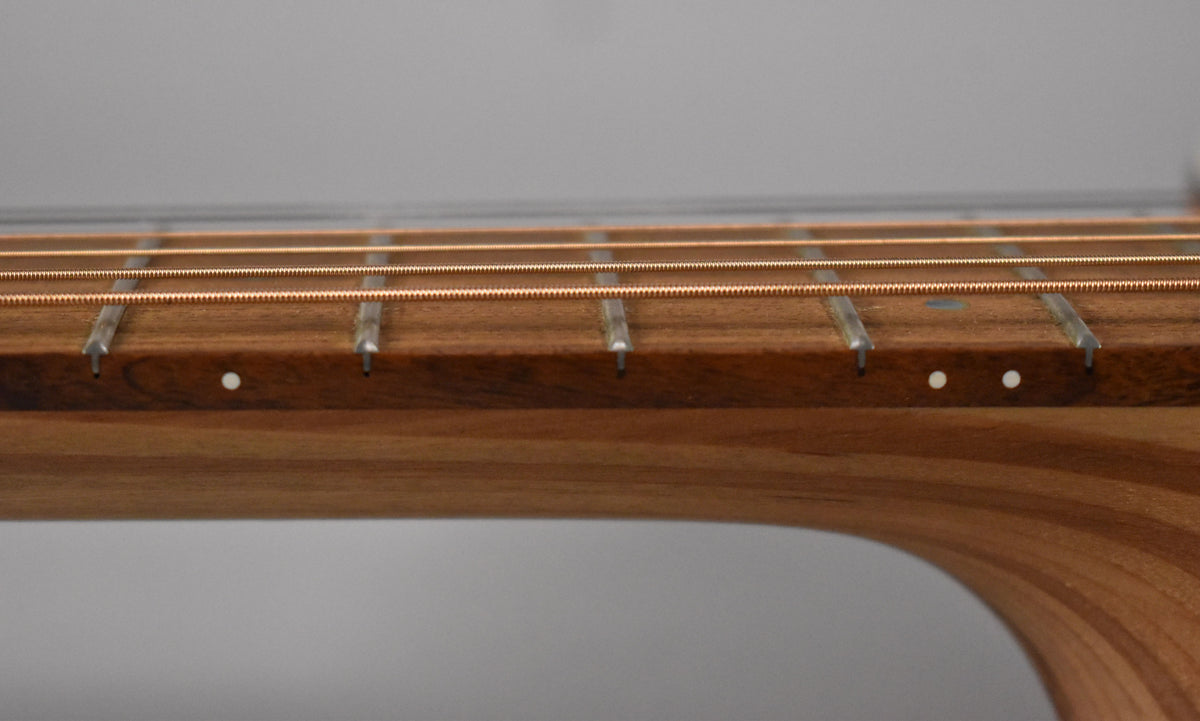 Close-up of the guitar's fretboard, showing the side dots and copper strings over the light brown wood.