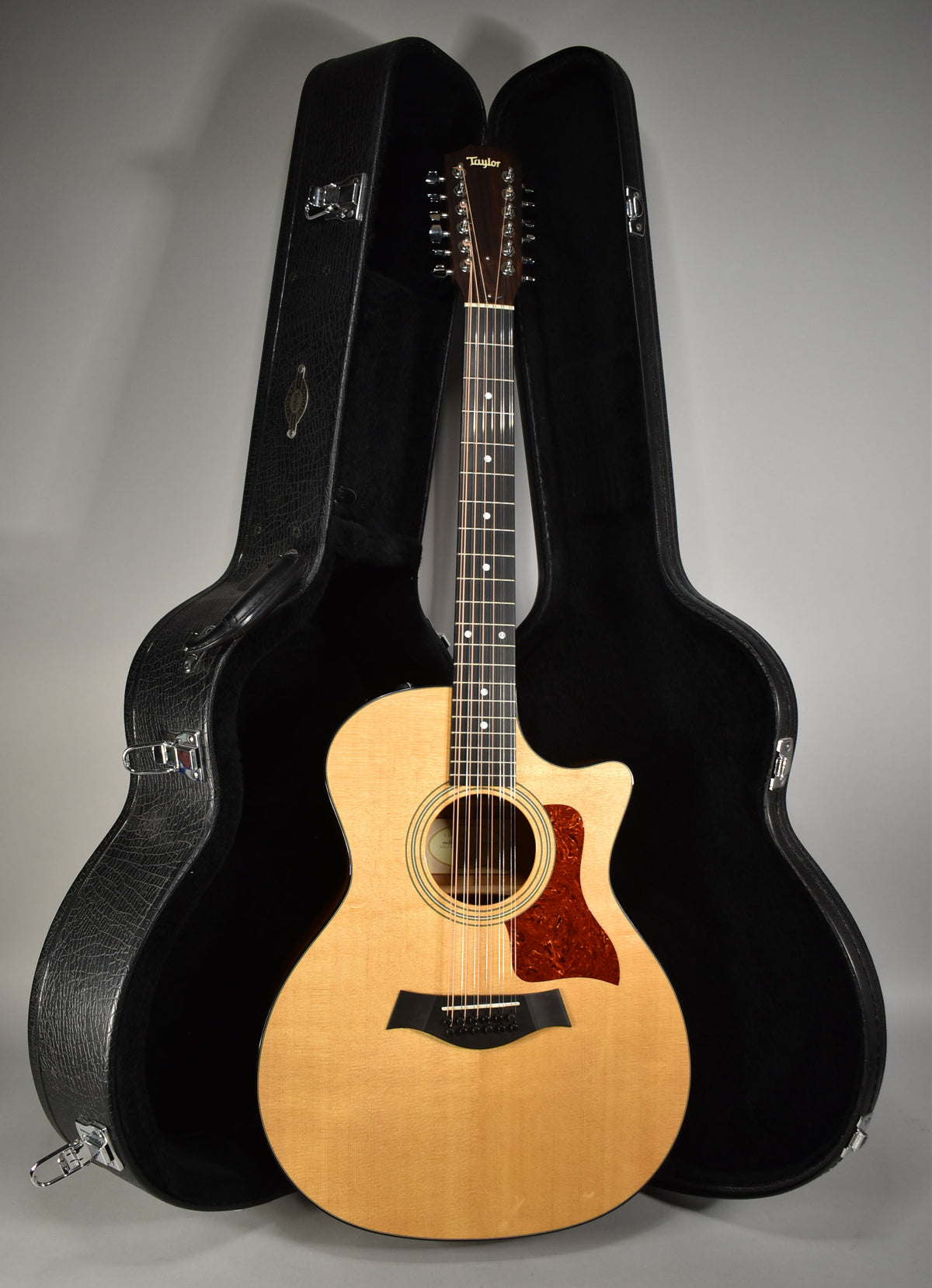 Full-front view of a natural finish 12-string acoustic-electric guitar with a cutaway, standing between its open, black hard case.
