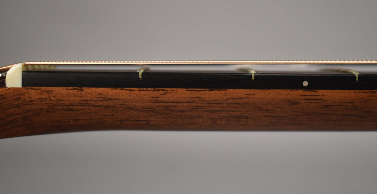Close-up of the guitar neck, showing the nut, first three frets, and a side dot marker on the dark fretboard.