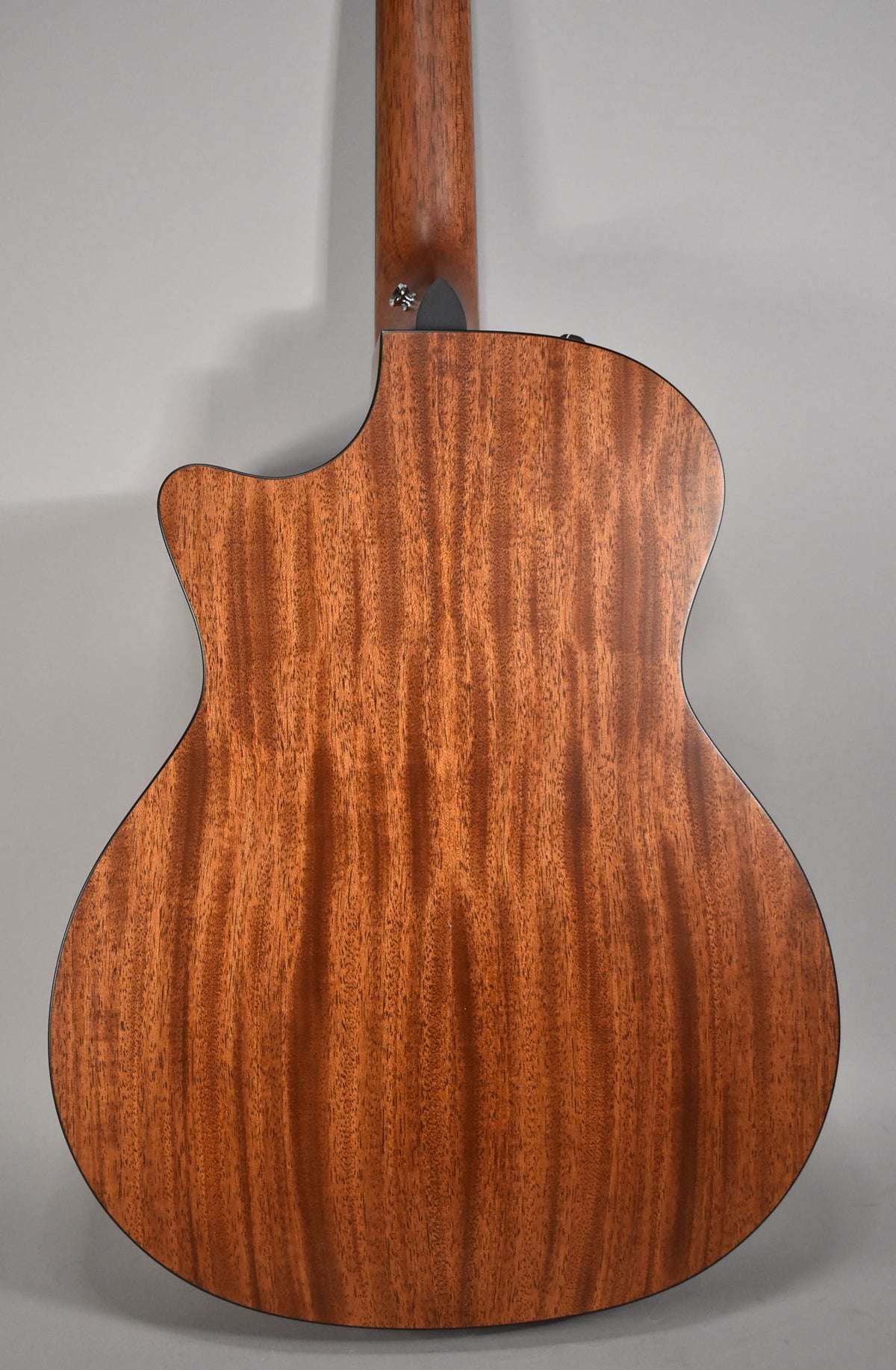 The guitar's back and neck are visible, showing a natural wood grain with a cutaway on the upper bout.
