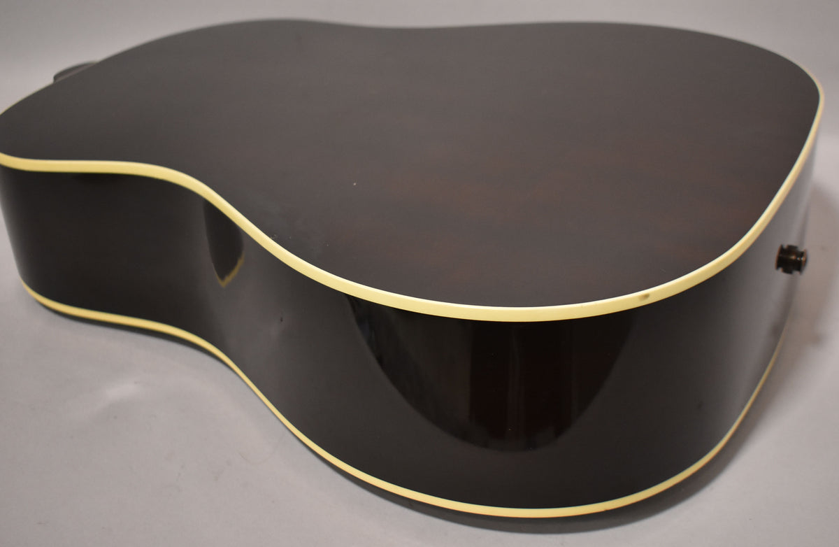 The dark brown acoustic guitar's lower bout and side are shown from above, with cream binding and a visible output jack.