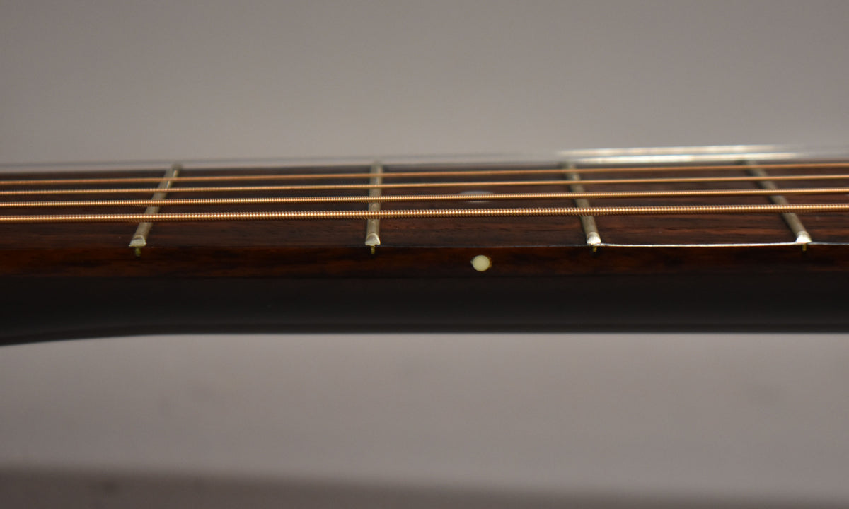Close-up of the dark brown fretboard and copper strings, showing a single circular fret marker and light wear on the frets.