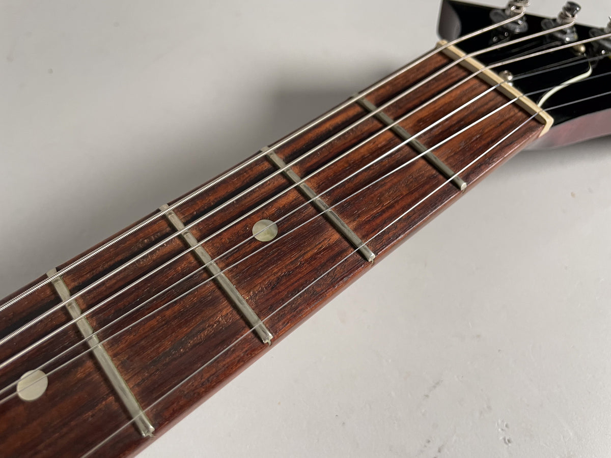 Close-up of the dark rosewood fretboard with light circular inlays, showing some wear and string marks on the frets.