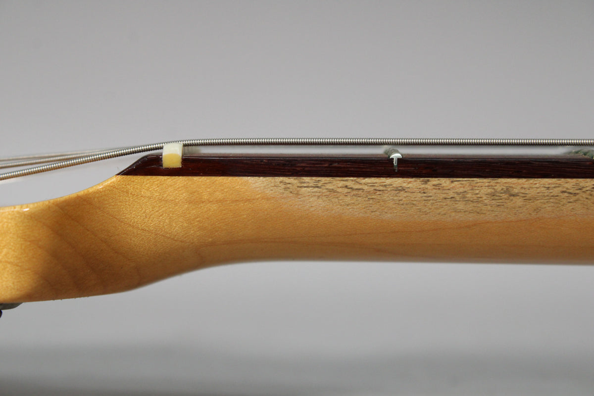 Close-up of the guitar's neck from the side, showing the light wood neck, dark fretboard, white nut, and strings.