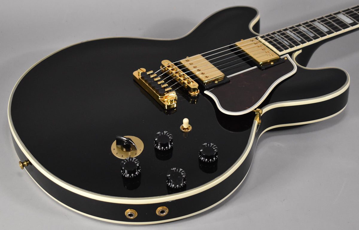 The ebony semi-hollow guitar body is angled, showing its glossy finish, gold hardware, black speed knobs, and cream binding.