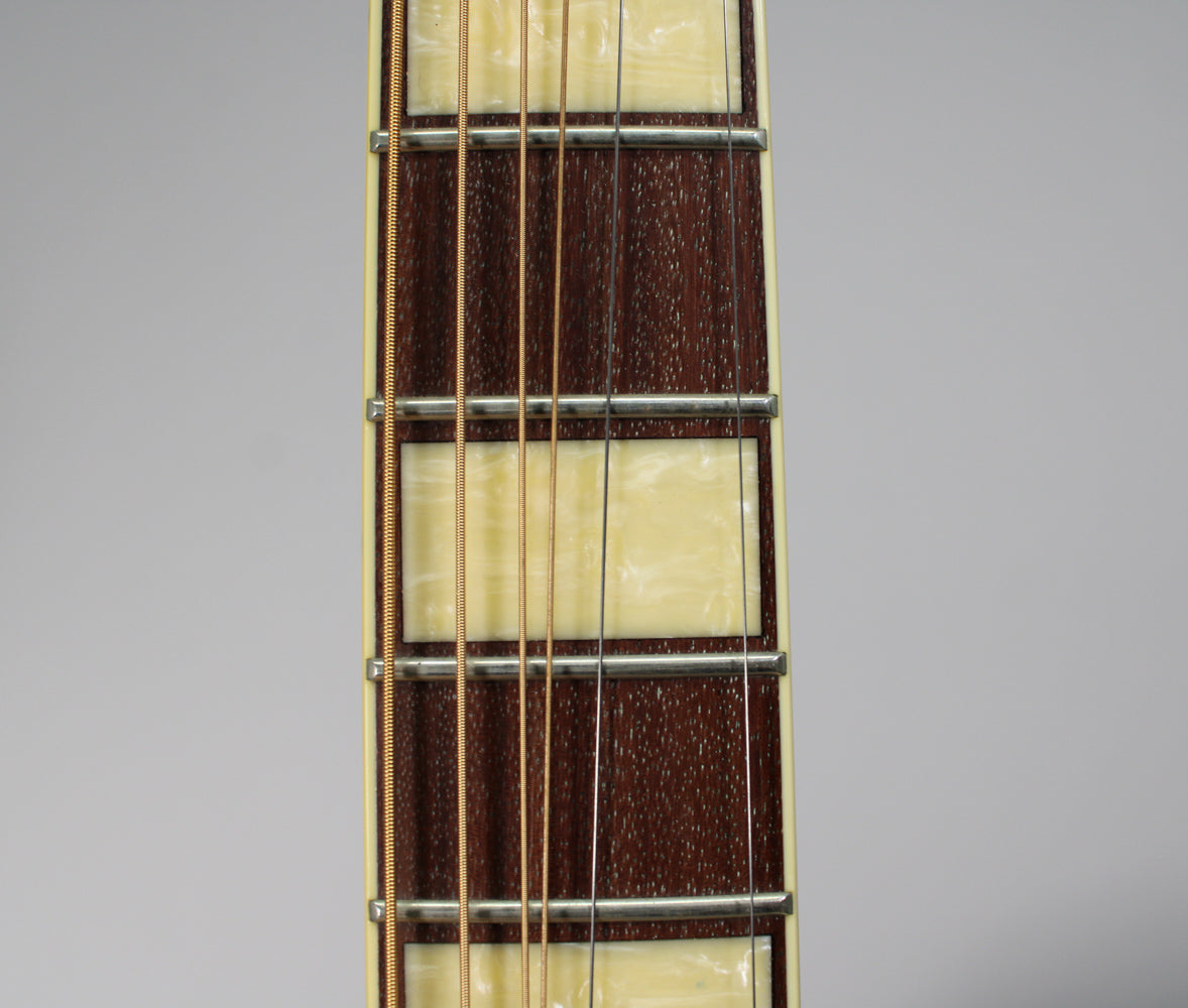 Close-up of the guitar's dark fretboard with rectangular cream-colored inlays, silver frets, and six strings.