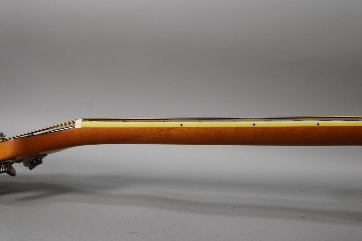 The guitar's natural matte neck, with a light-colored binding and black dot inlays, is viewed from the side, extending from the headstock.