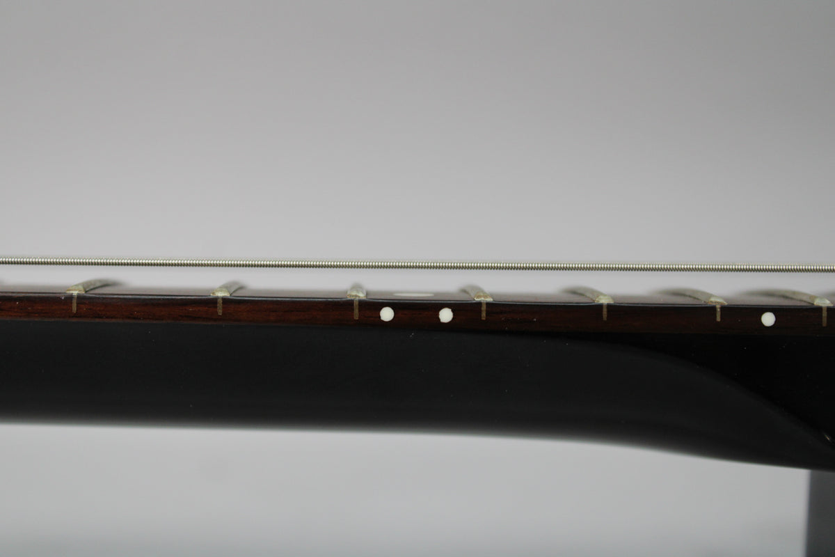 Close-up of the guitar's dark fretboard and neck, showing white dot inlays at the 5th and 7th frets, with strings visible above.
