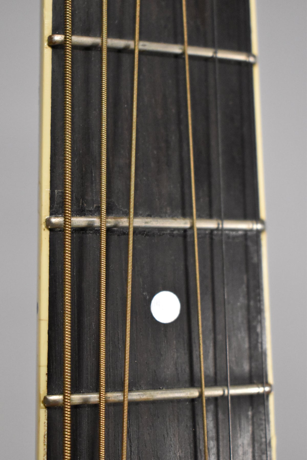 Close-up of the dark fretboard with brass strings, showing a single white dot inlay and light wear on the frets.