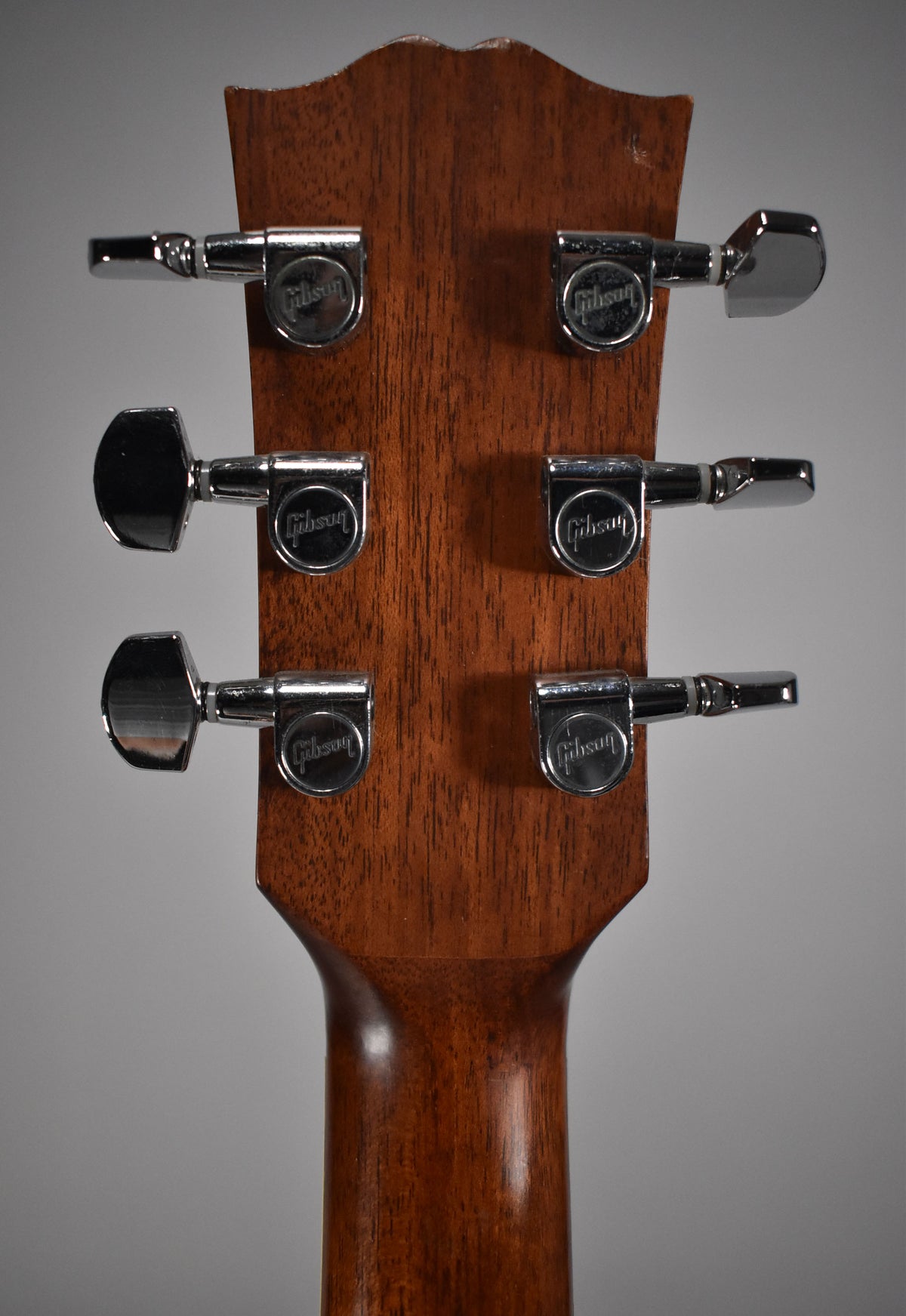 Rear view of the guitar's headstock and upper neck, showing six chrome tuners with kidney-bean buttons on a natural wood finish.