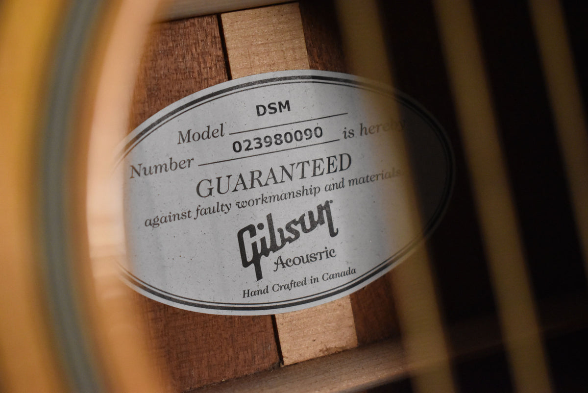 Close-up of the guitar's interior label, visible through the soundhole, showing "Model DSM" and "Hand Crafted in Canada".