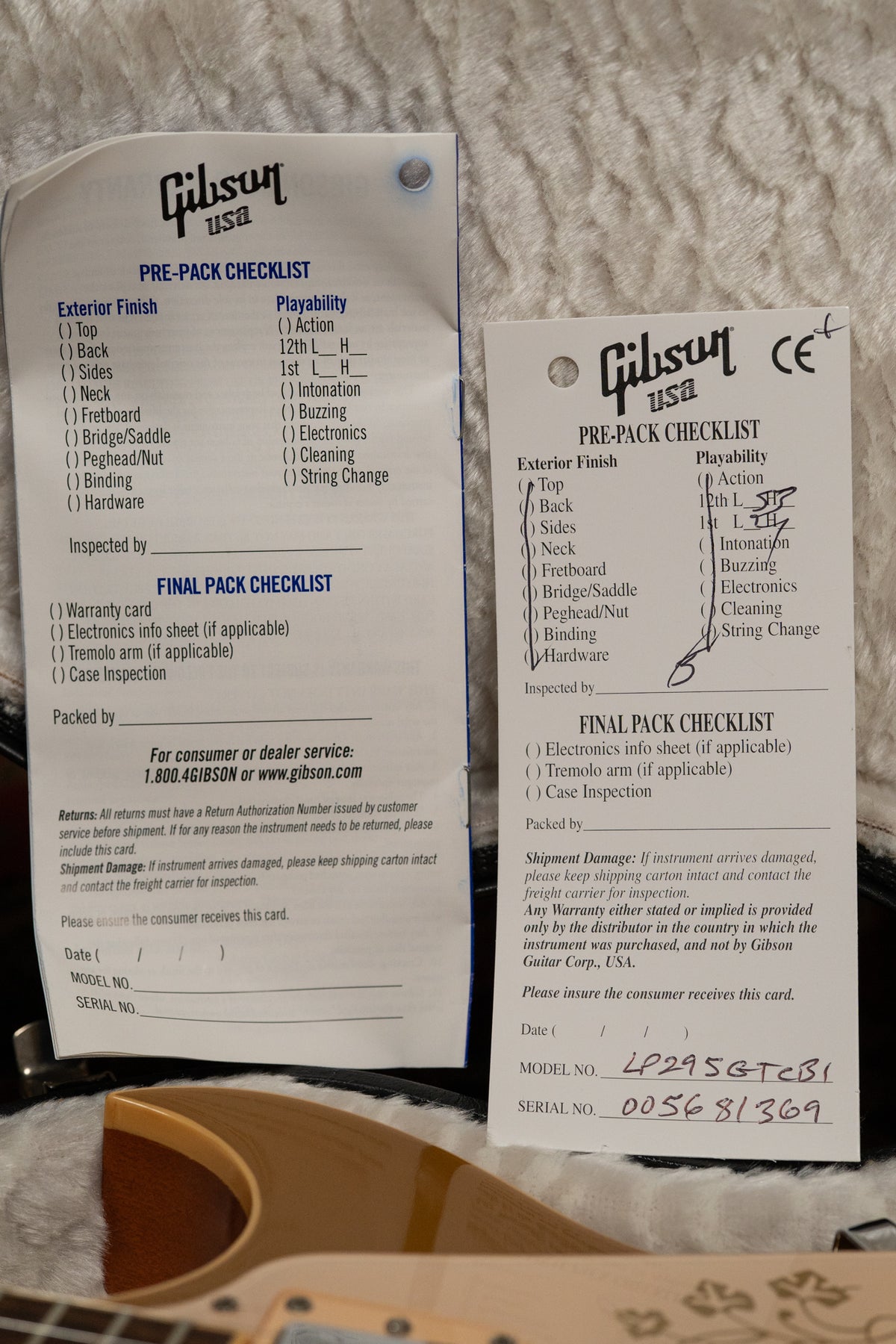 Two Gibson USA pre-pack checklists are shown, one blank and one with "LP295GTCB1" and "005681369" handwritten.