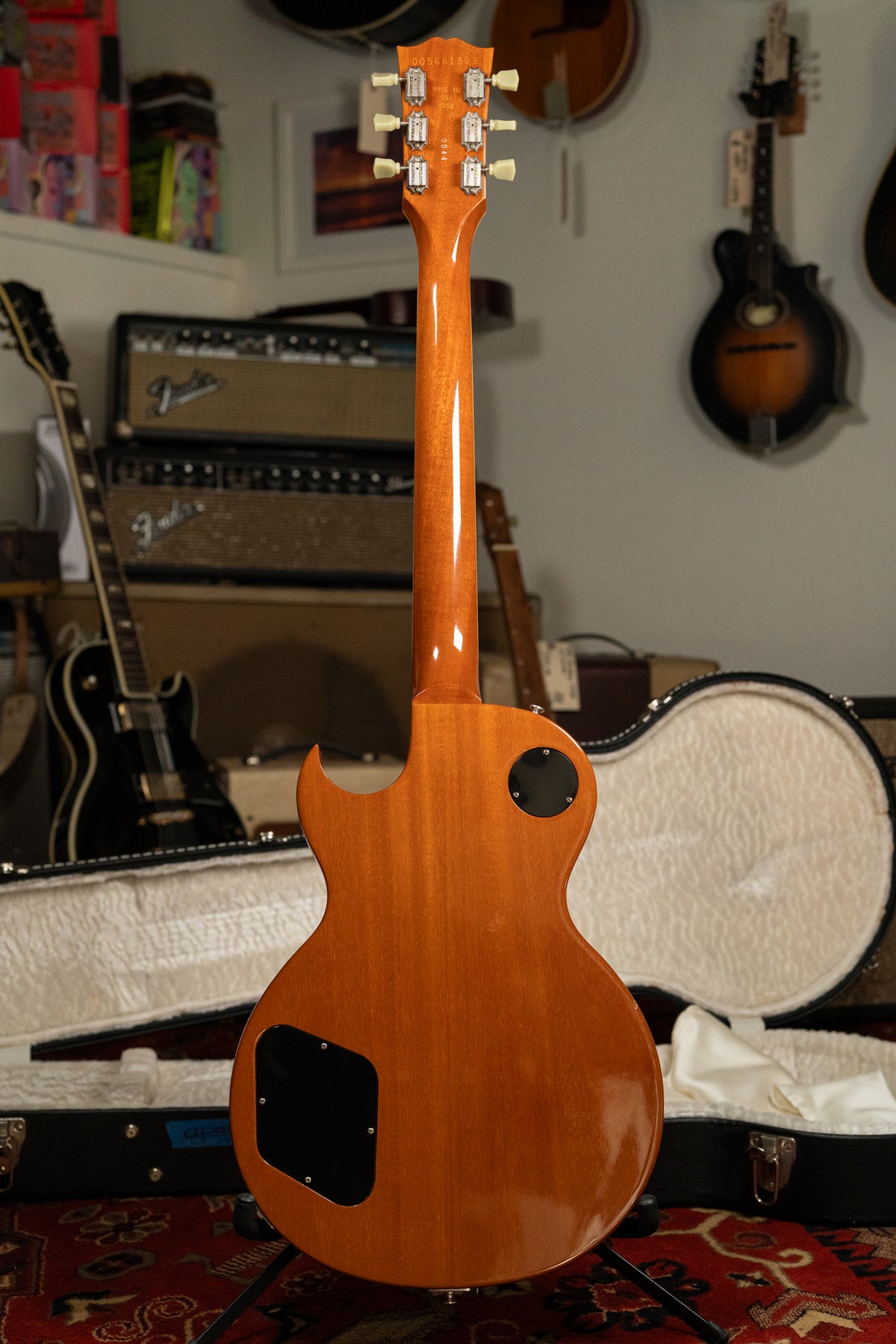 The back of a light brown guitar with a black control plate and jack plate, standing in front of an open hard case.