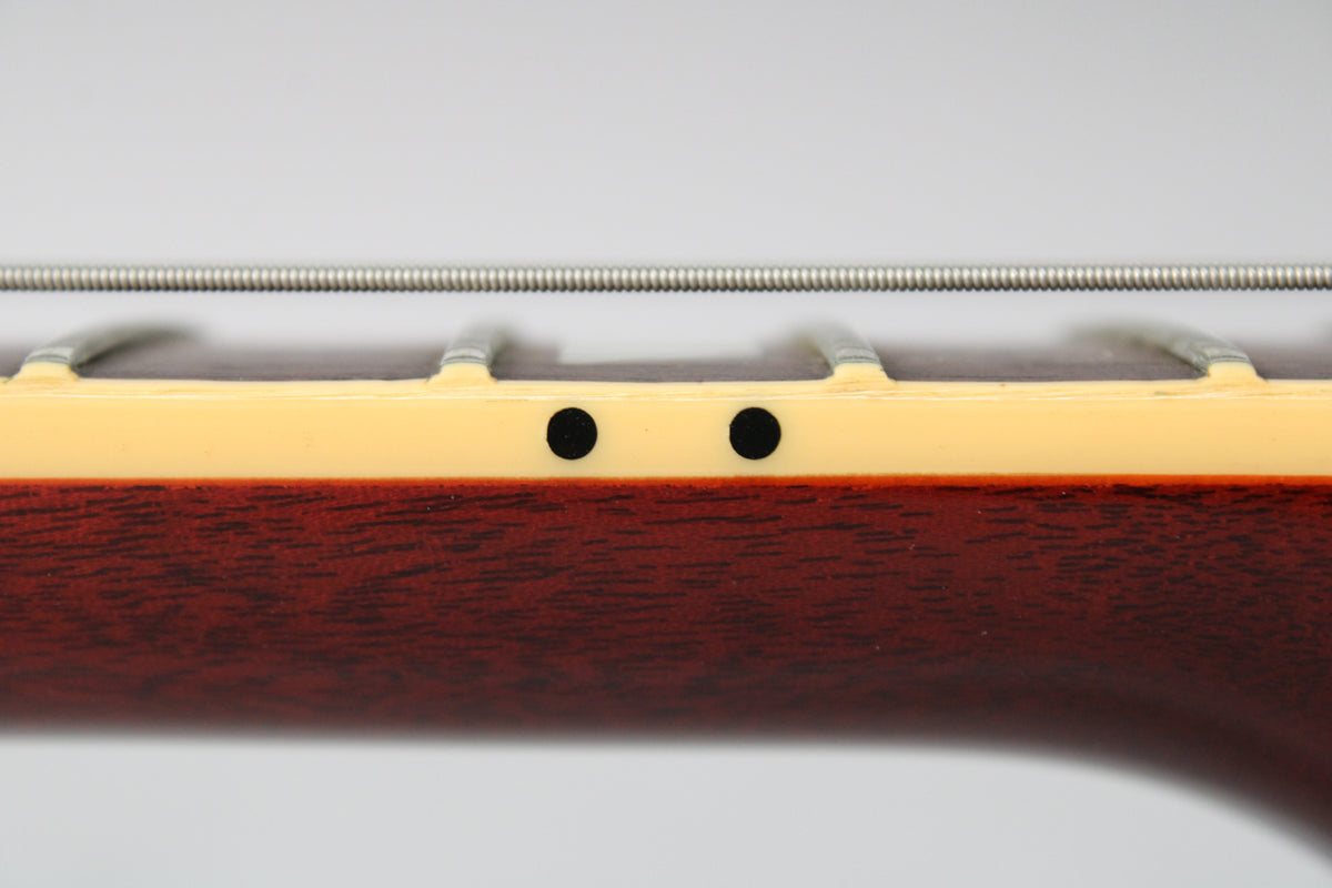 Close-up of the guitar's dark reddish-brown neck and cream binding, showing two black side dots and a single wound string.