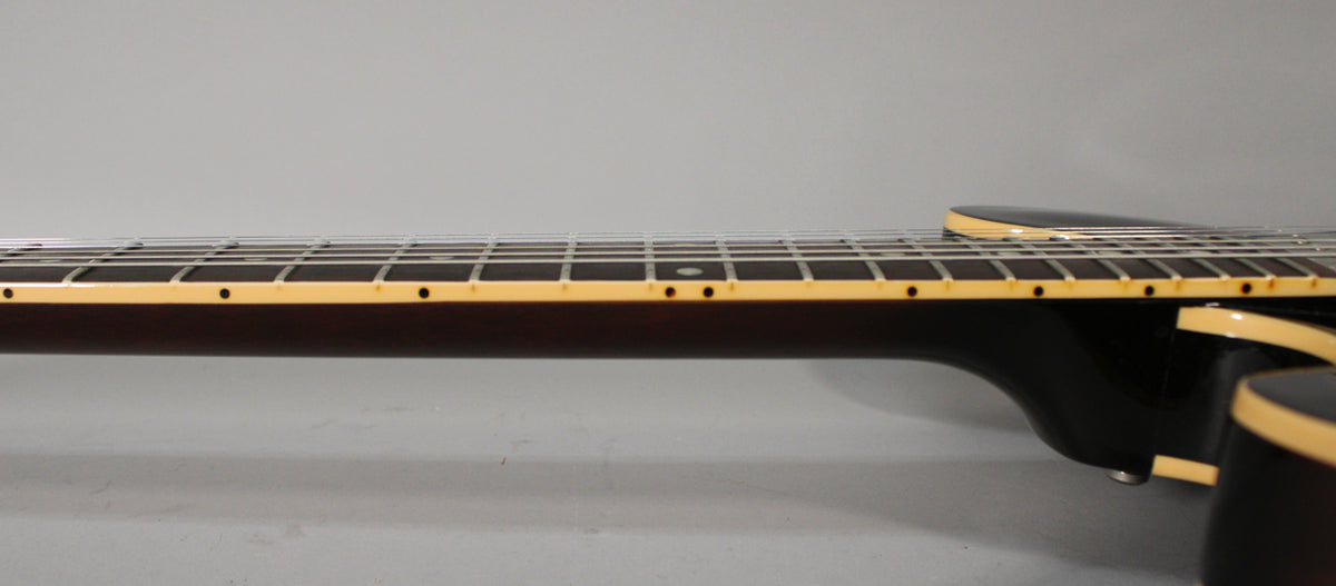 The guitar's dark brown neck and fretboard are shown from the side, with cream binding and small black dot inlays.
