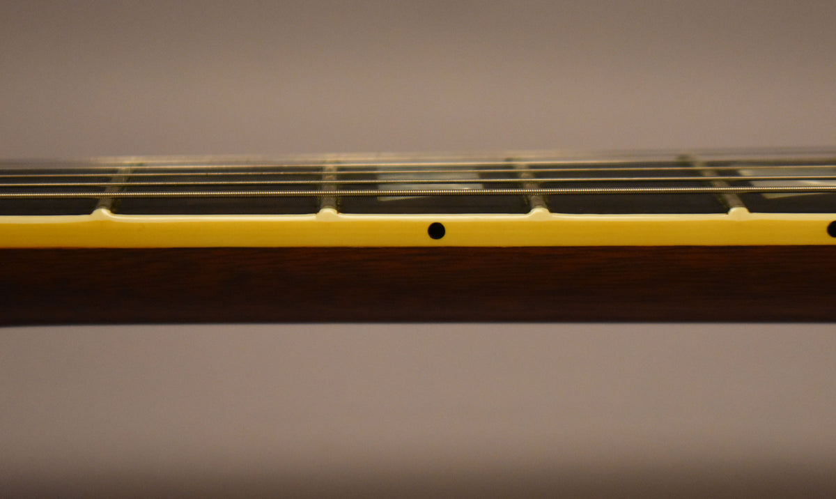 Close-up of the guitar's dark rosewood fretboard and cream binding, showing the side dot markers and frets with strings.