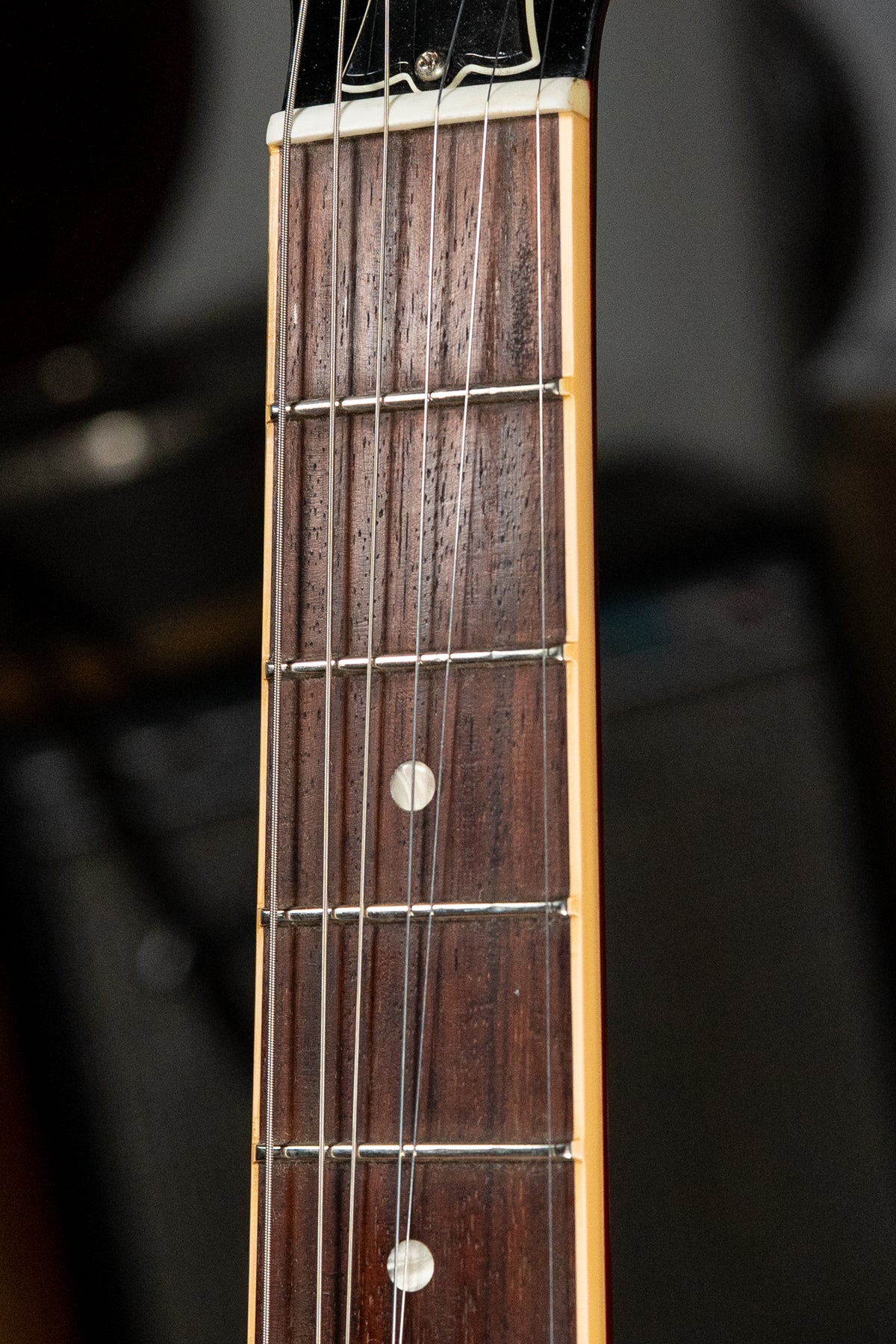 Close-up of the guitar's dark rosewood fretboard with dot inlays, showing frets, strings, and cream binding along the edge.
