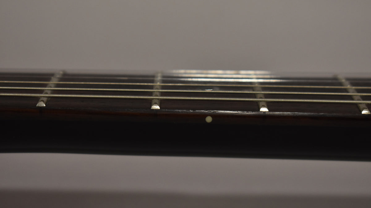 Close-up of the dark fretboard and frets, with a single white dot inlay visible on the side of the neck.