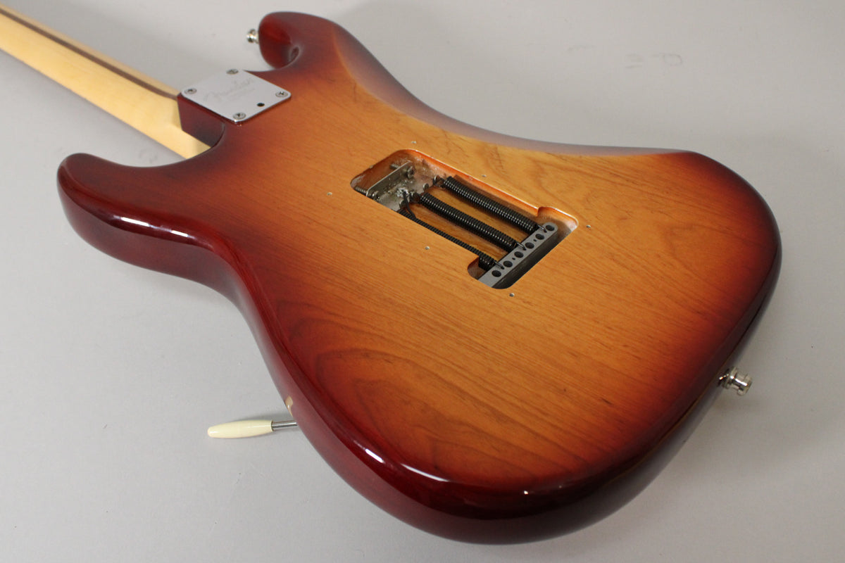 The back of a Sienna Burst Stratocaster, showing the tremolo spring cavity, neck plate, and a cream tremolo arm.