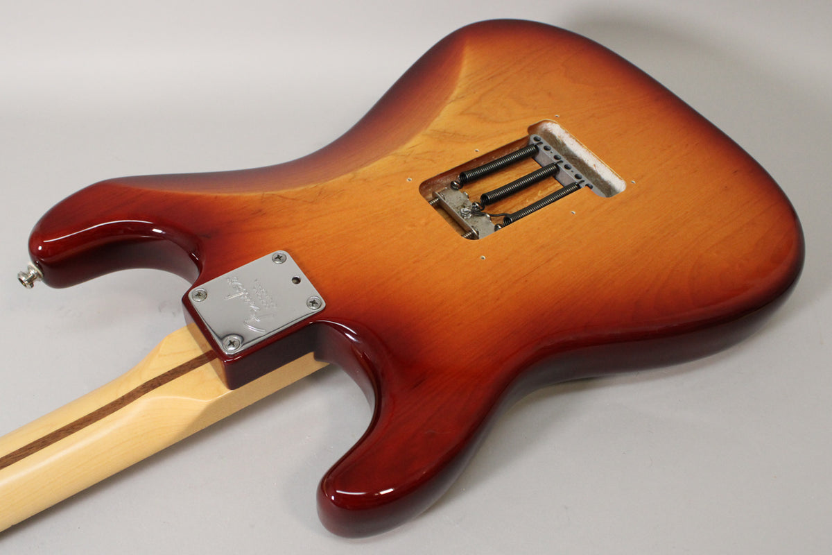 The guitar's Sienna Burst back, angled from the lower bout, shows the tremolo cavity with three springs and the neck plate.