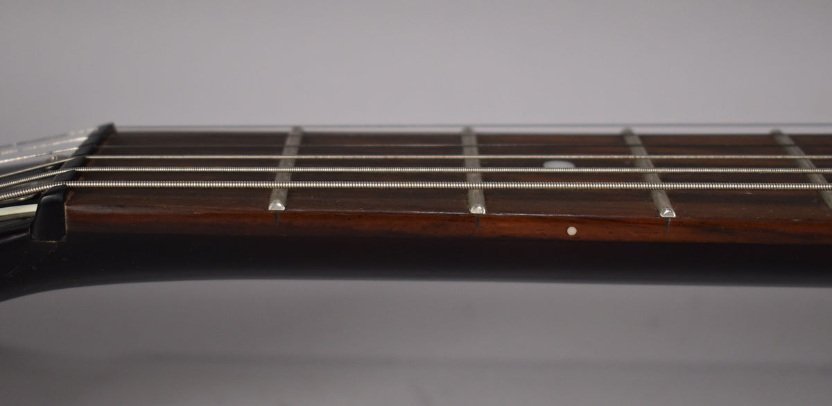Close-up of the guitar's dark brown fretboard and silver frets, with a white dot inlay visible on the side of the neck.
