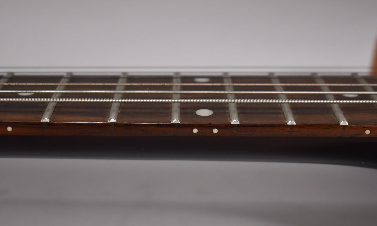 Close-up of the dark rosewood fretboard from the side, showing frets, strings, and small white dot position markers.