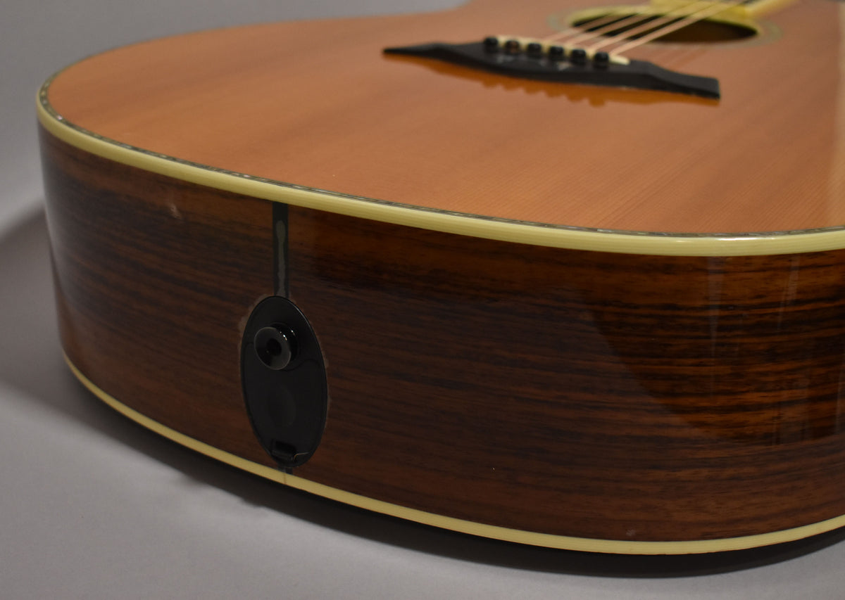 Close-up of the lower bout, showing the dark wood grain of the side, light binding, and a black endpin jack.