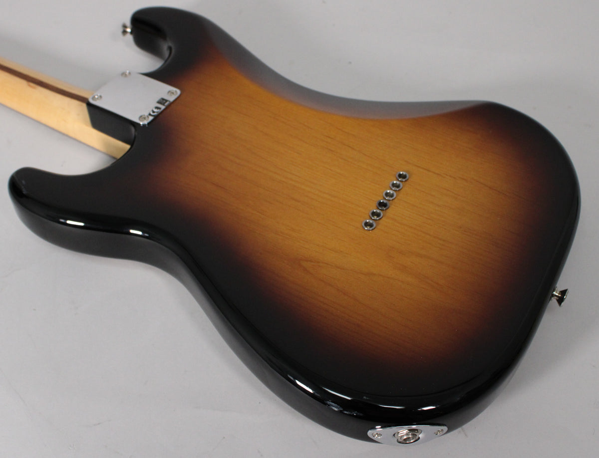 The guitar's glossy 2-color sunburst back, showing the neck plate, string-through ferrules, and output jack, with no visible wear.