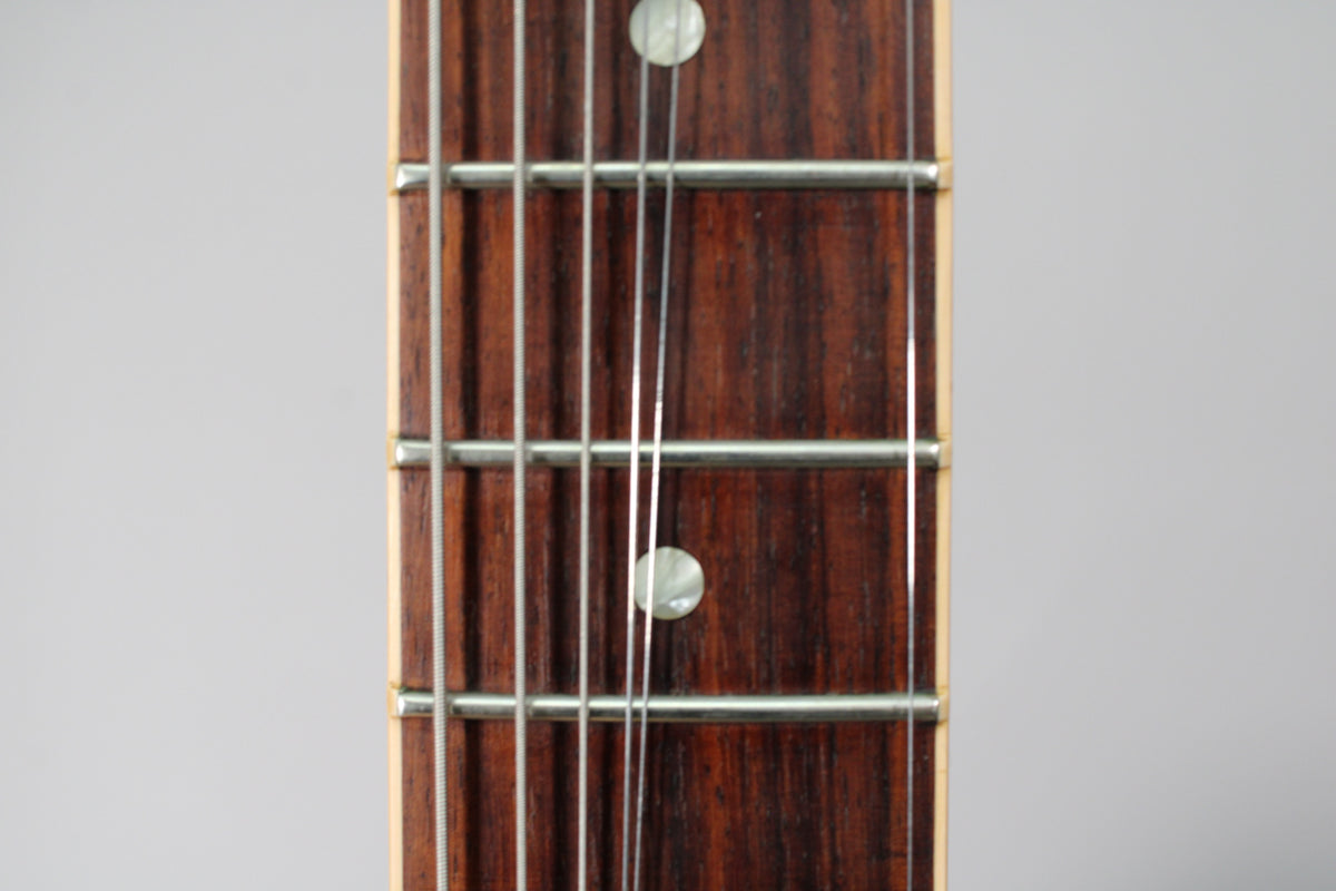 Close-up of the guitar's dark rosewood fretboard with light grain, showing frets 1-5 and two mother-of-pearl dot inlays.
