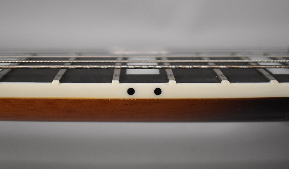 Close-up of the guitar's fretboard from the side, showing the cream binding, dark fretboard, and two black side dots.