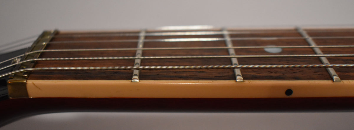 Close-up of the guitar's dark fretboard and light binding, showing frets, strings, and a side dot marker.