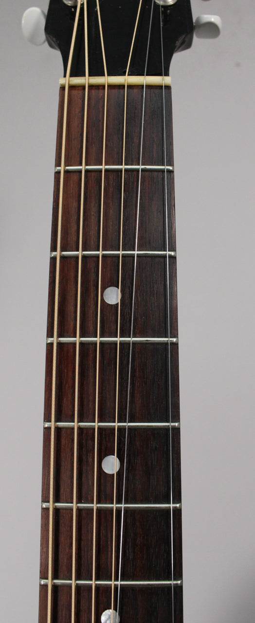 A close-up of the dark brown fretboard, showing the nut, frets, strings, and two round mother-of-pearl inlays.