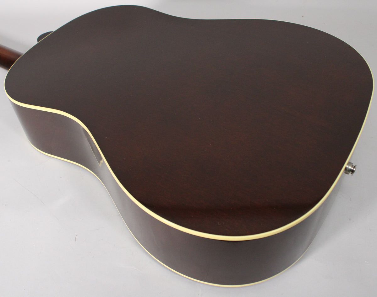 The guitar's dark brown back and side are shown from above, with cream binding and a chrome output jack at the bottom.