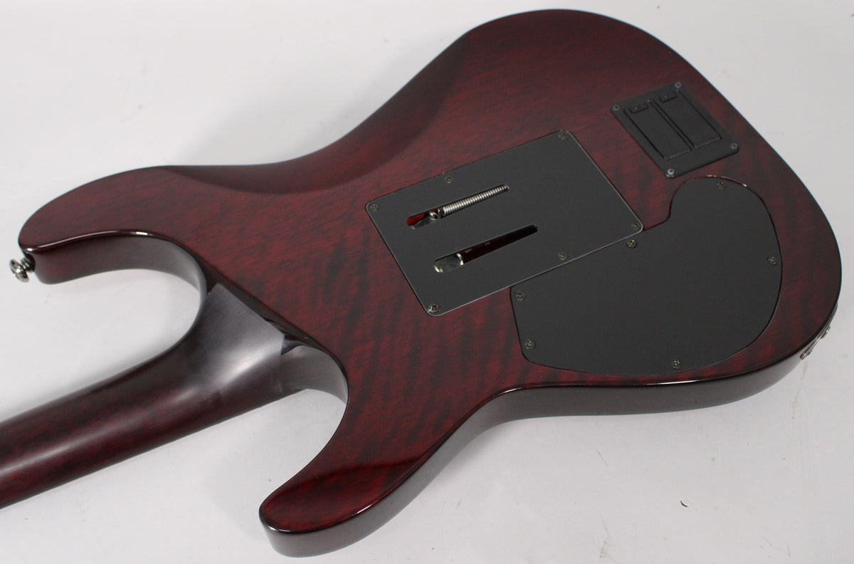 The back of a black cherry guitar with a visible wood grain, showing the tremolo spring cavity and control plates.