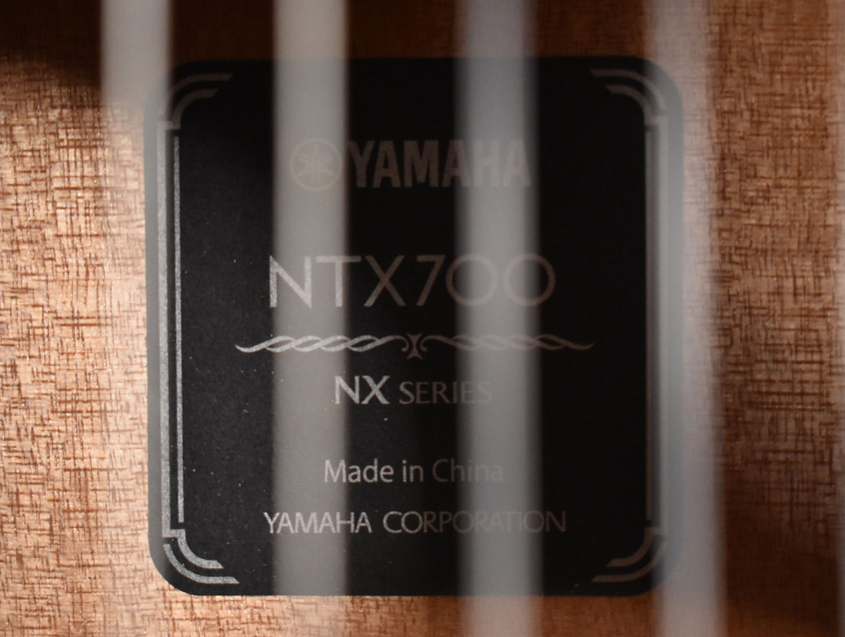 Close-up of the guitar's soundhole label, a black rectangle with white text, partially obscured by the guitar's strings.
