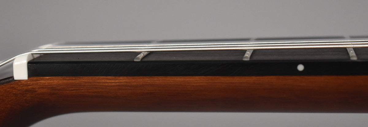 A close-up of the guitar's dark brown fretboard and neck, showing a white nut, silver frets, and a single white side dot.