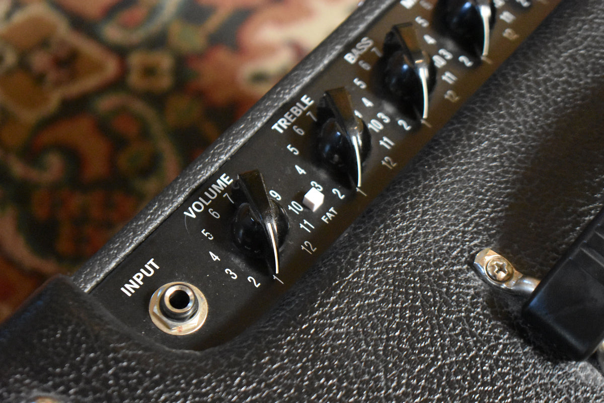 Close-up of the black control panel with silver lettering, showing the input jack, Volume, Treble, and Bass knobs, and a white Fat switch.