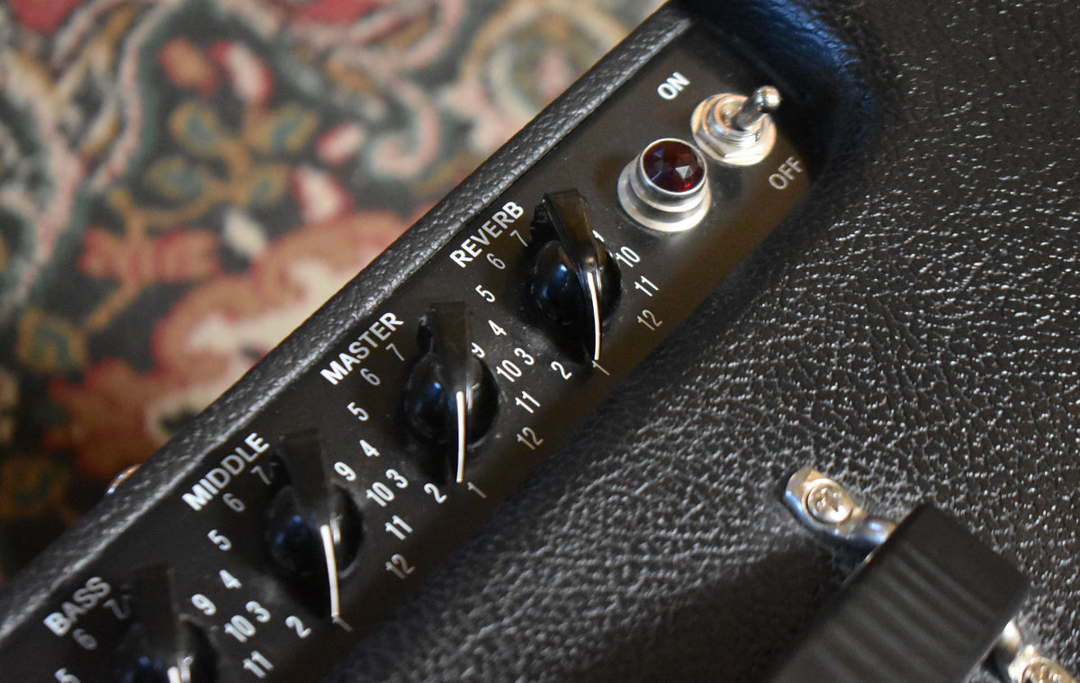 Close-up of the black control panel, showing the Master and Reverb knobs, a red jewel light, and a chrome power switch.