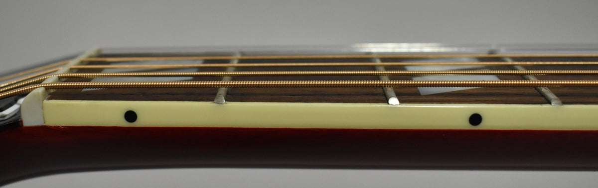 Close-up of the guitar's neck from the side, showing the fretboard, frets, strings, and cream binding with black dot markers.